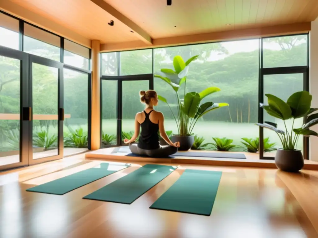 Un estudio de yoga moderno y sereno con luz natural y vista a un jardín tranquilo