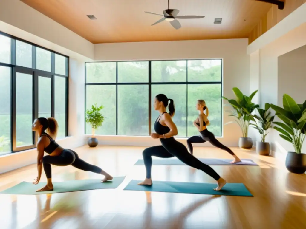 Un estudio de yoga amplio y moderno iluminado por luz natural, con personas practicando actividades físicas para sistema inmunitario