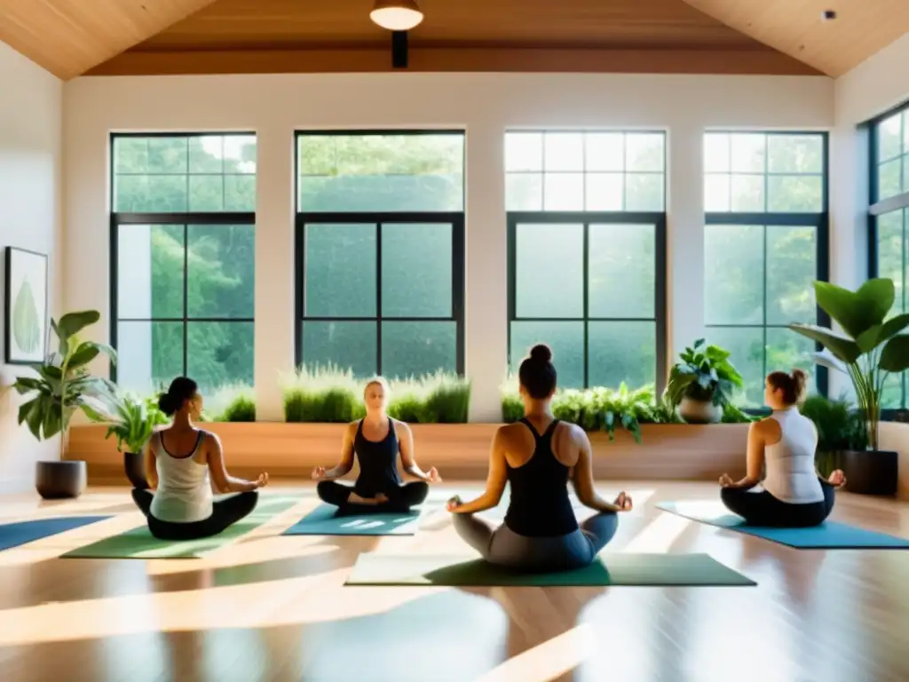 Estudio de yoga y pilates con aplicaciones de inmunidad, luz natural, plantas verdes y personas practicando con tranquilidad y enfoque