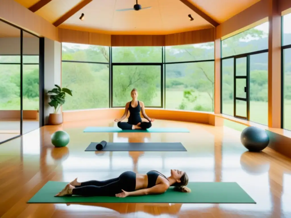 Un estudio de yoga y pilates moderno y sereno, bañado en luz natural con una vista panorámica de un paisaje verde exuberante