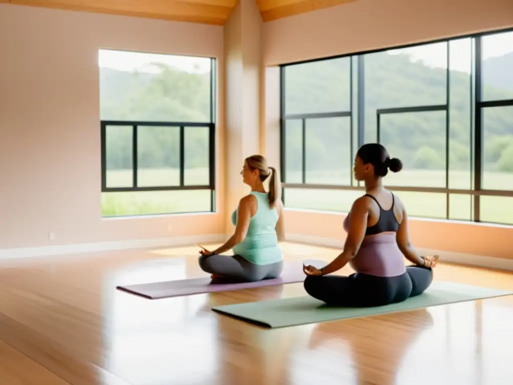 'Estudio de yoga prenatal para fortalecer inmunidad con mujeres embarazadas practicando suavemente en un entorno sereno y lleno de luz natural