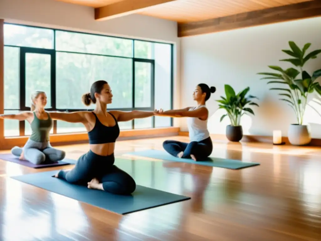 Un estudio de yoga sereno iluminado por la suave luz natural, donde las personas practican yoga para fortalecer el sistema inmunológico