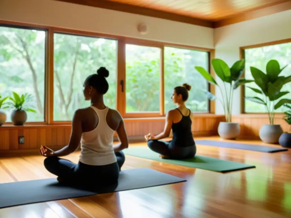 Un estudio de yoga sereno iluminado por la cálida luz natural, con practicantes de yoga en diferentes posturas