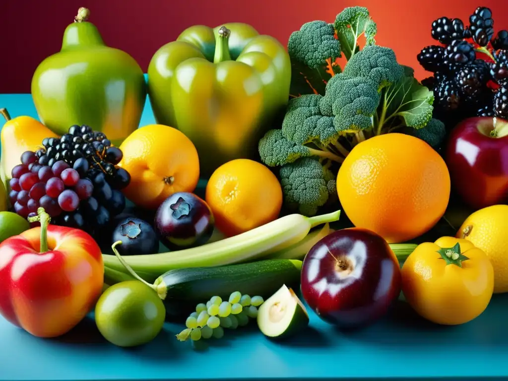 Una exhibición visualmente impresionante de frutas y verduras vibrantes, promoviendo una guía nutricional para un sistema inmunitario invencible