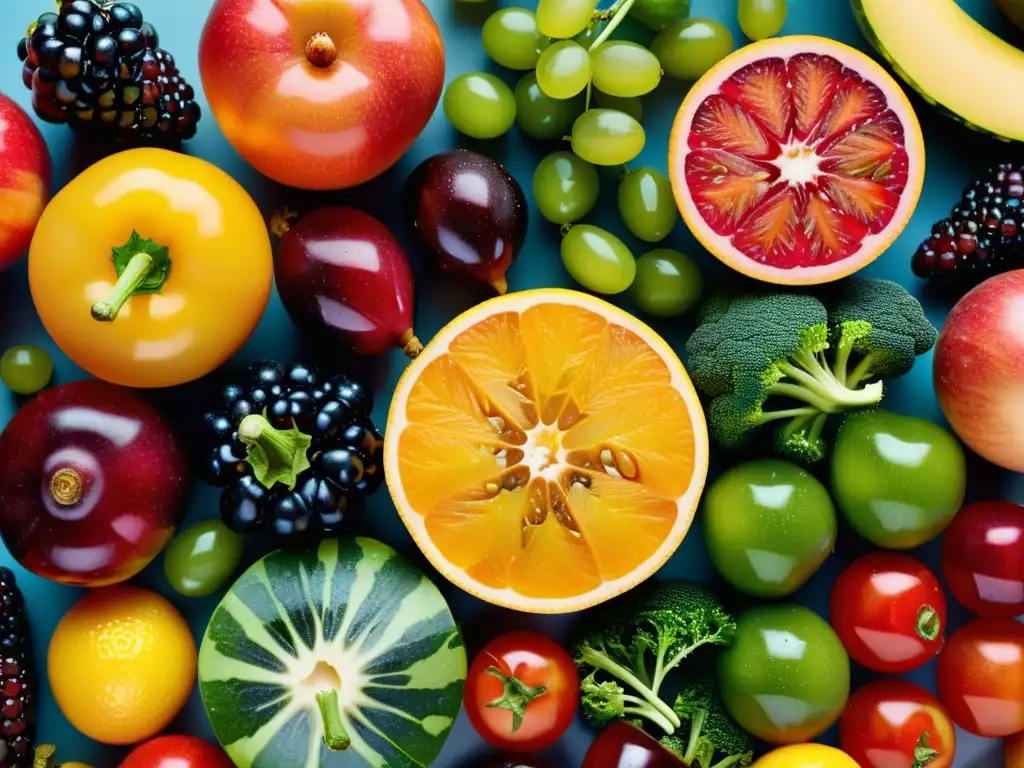 Una exhibición impresionante de frutas y verduras coloridas, perfectamente dispuestas para resaltar su belleza natural