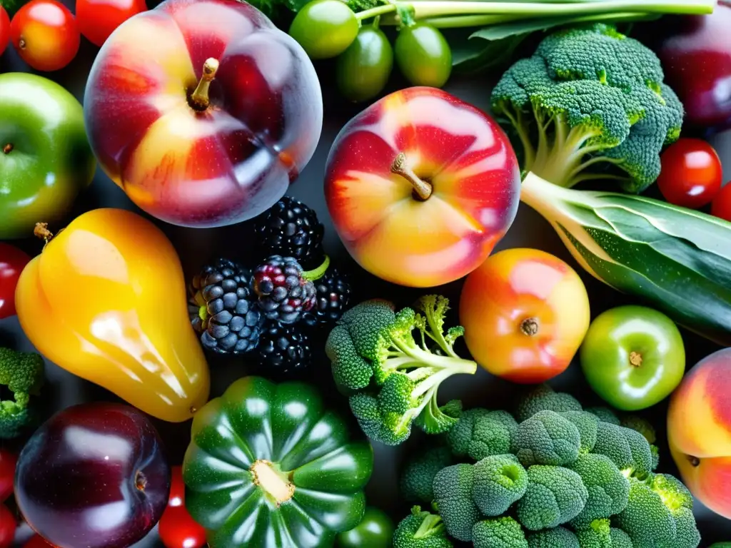 Una exhibición moderna de frutas y verduras frescas y vibrantes, ricas en antioxidantes para fortalecer sistema inmunológico