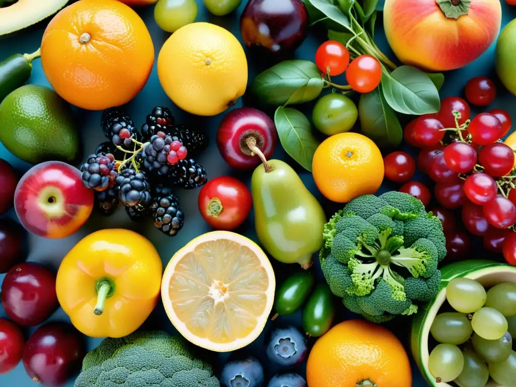 Una exhibición vibrante y apetitosa de frutas y verduras frescas, promoviendo una guía nutricional para un sistema inmunitario invencible