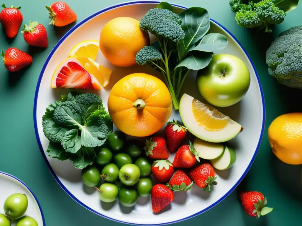 Una explosión de colores y frescura en un plato de frutas y verduras, resaltando la importancia del seguro de salud para sistema inmunológico