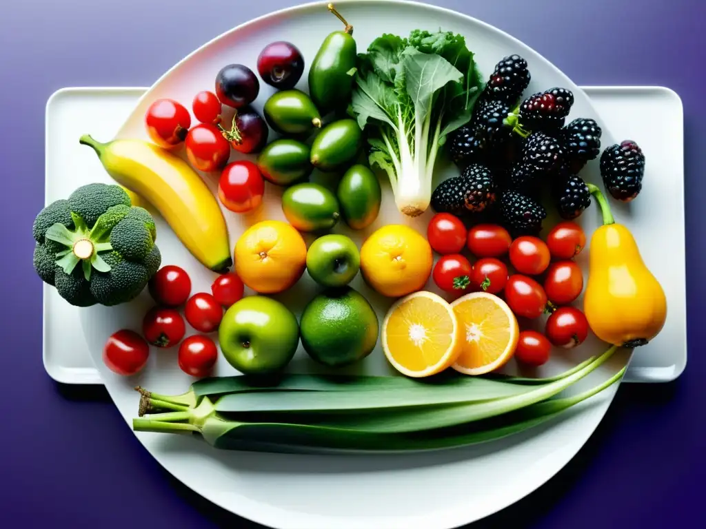 Una explosión de colores en frutas y verduras frescas, sobre un elegante plato blanco