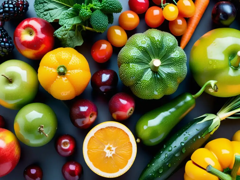 Una explosión de colores naturales y texturas frescas en frutas y verduras, con gotas de agua que realzan su frescura