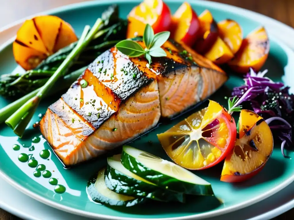 Una exquisita y colorida comida con salmón, verduras frescas y patatas asadas, en una presentación artística y apetitosa