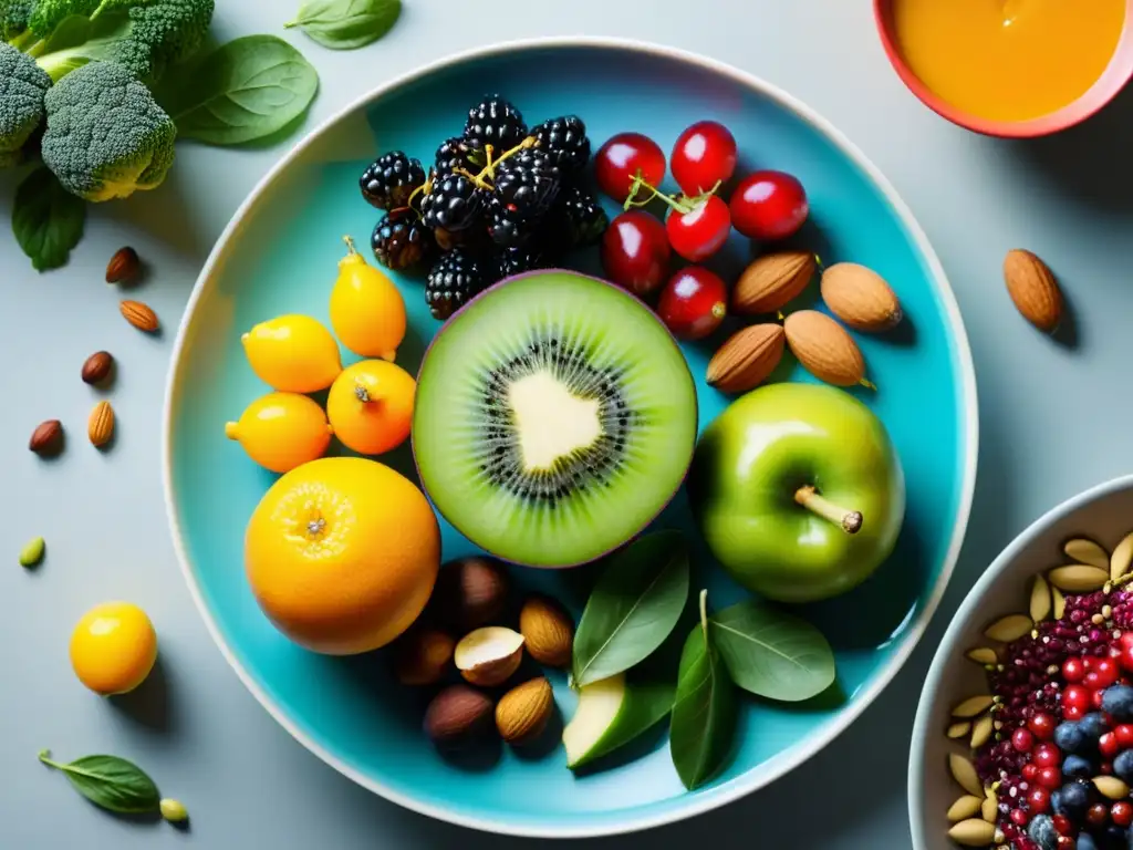 Una exquisita y colorida combinación de frutas, verduras, frutos secos y semillas, creando una imagen apetitosa