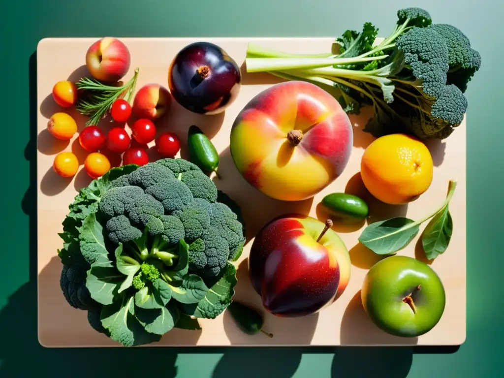 Una exquisita y colorida variedad de frutas y verduras frescas sobre una tabla de cortar