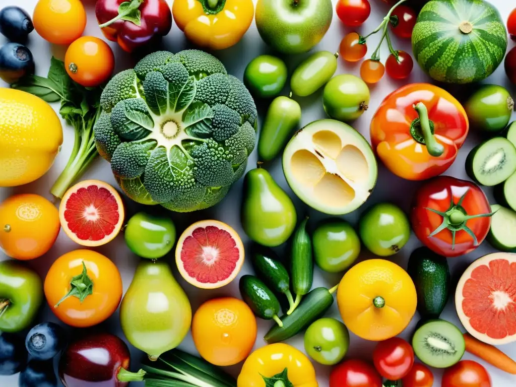 Una exquisita y colorida variedad de frutas y verduras frescas, simétricamente dispuestas