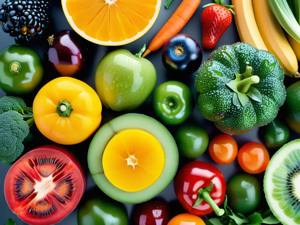 Una exquisita y colorida variedad de frutas y verduras frescas, goteando agua, contra un fondo moderno