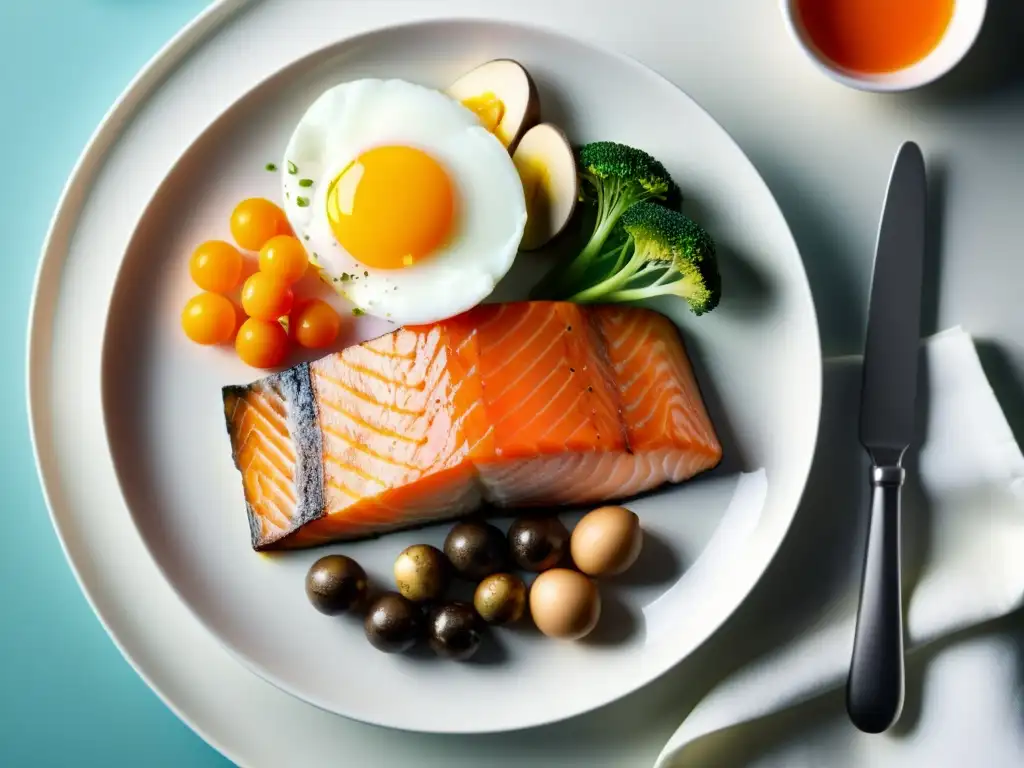 Una exquisita composición de alimentos fortalecedores del sistema inmunológico, con salmón, huevos y hongos, destaca en un plato blanco