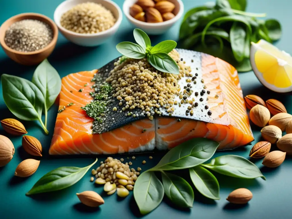 Una exquisita composición de alimentos ricos en omega 3 en alta definición, resaltando los beneficios del Omega 3 en inmunidad