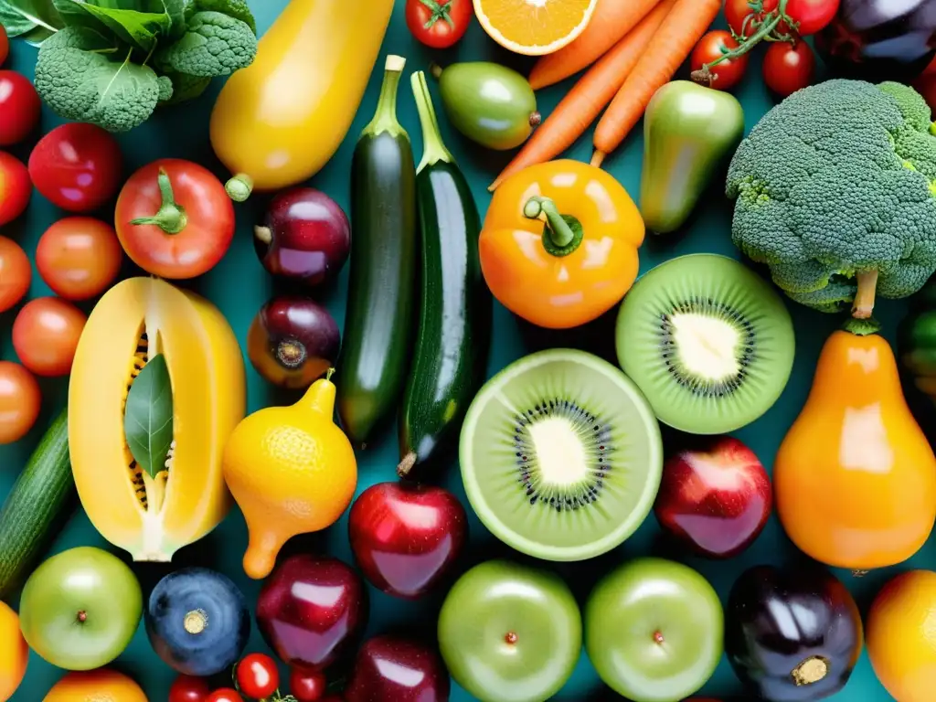 Una exquisita composición de frutas y verduras en un patrón moderno, irradiando frescura y vitalidad