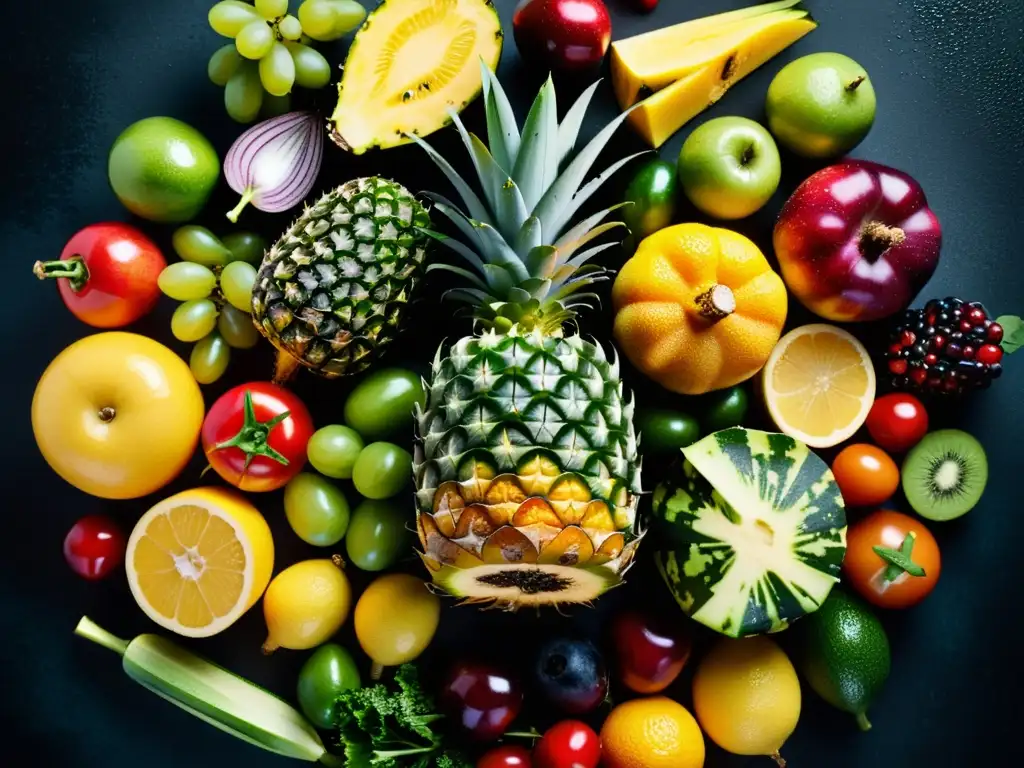 Una exquisita composición de frutas y verduras con agua, en un fondo oscuro