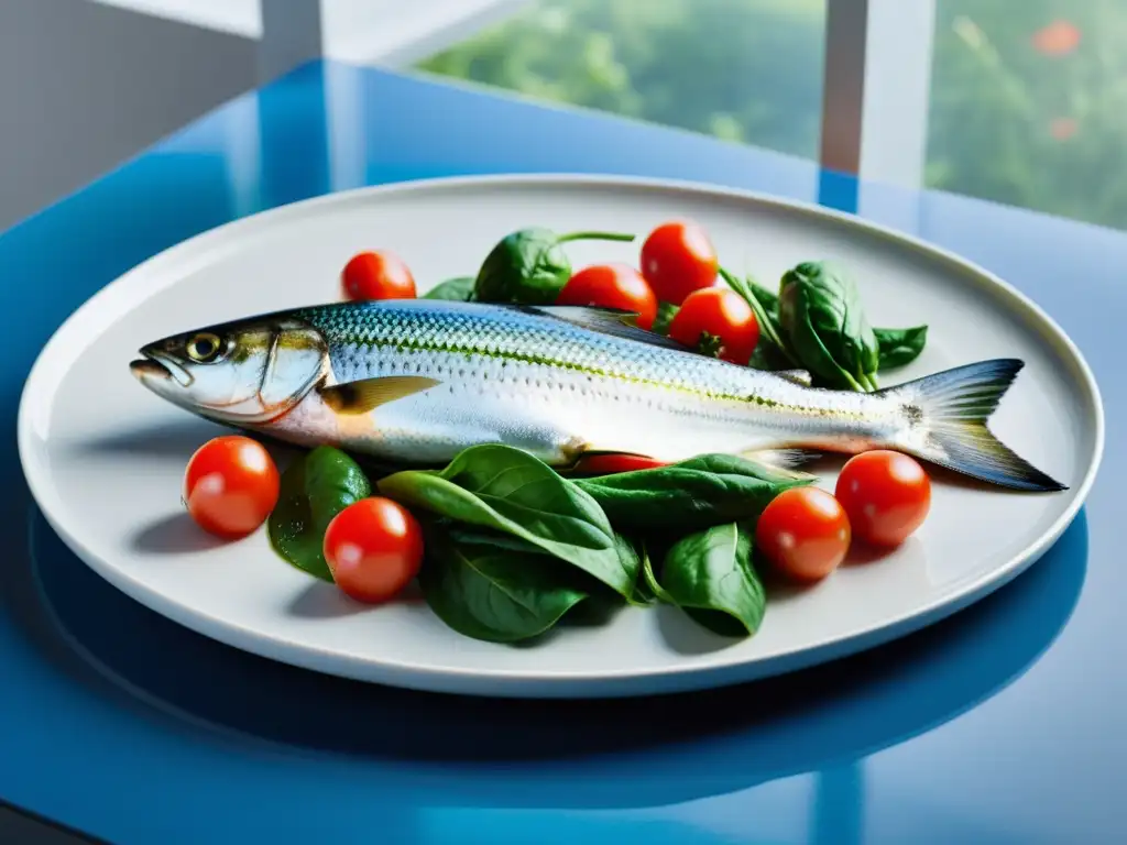 Una exquisita composición de vegetales y pescados ricos en Omega 3, con colores vibrantes y frescura