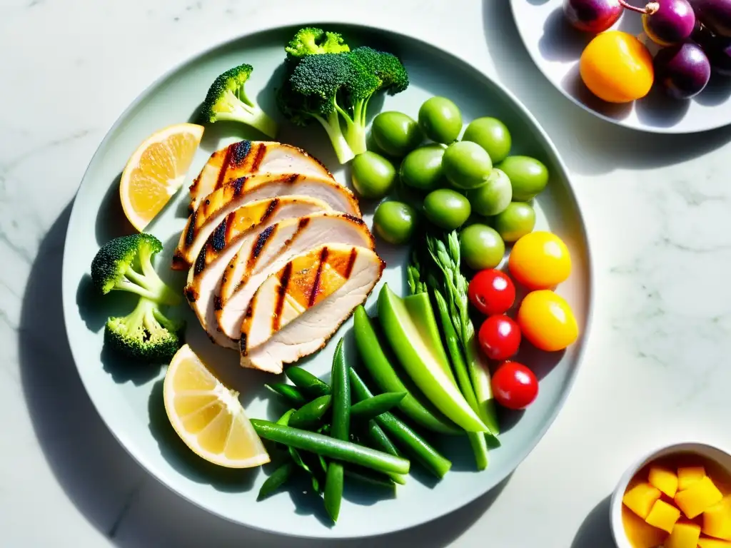 Una exquisita y equilibrada comida en un moderno plato sobre mármol, con alimentos vibrantes y suaves luces naturales