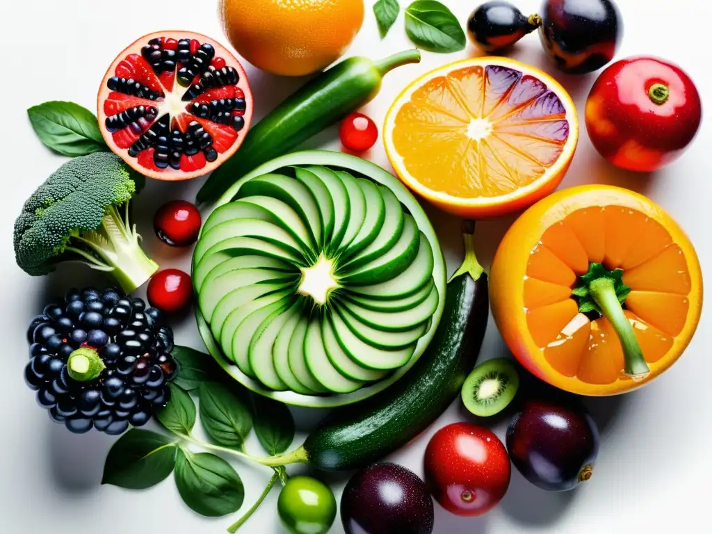 Una exquisita espiral de frutas y verduras coloridas con gotas de agua, que resaltan la frescura y vitalidad