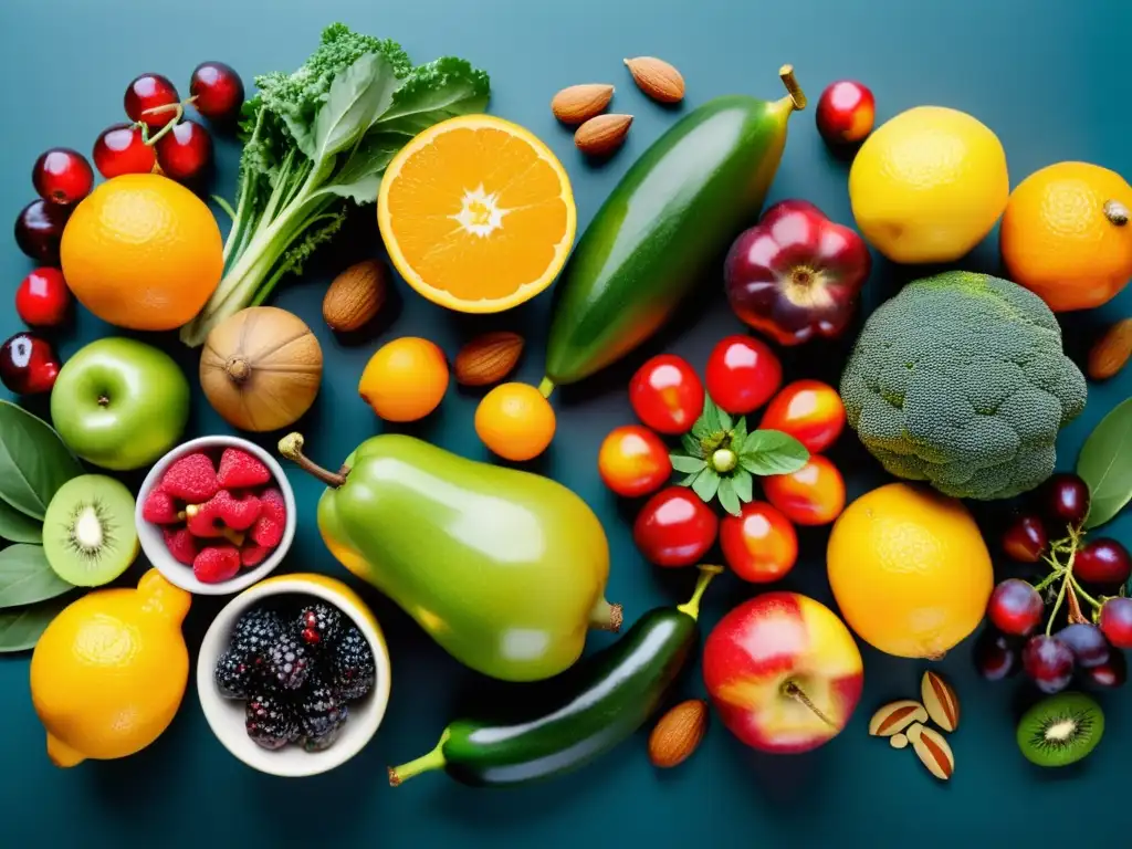 Una exquisita exhibición de alimentos para fortalecer el sistema inmunológico, con frutas, verduras y frutos secos frescos y coloridos