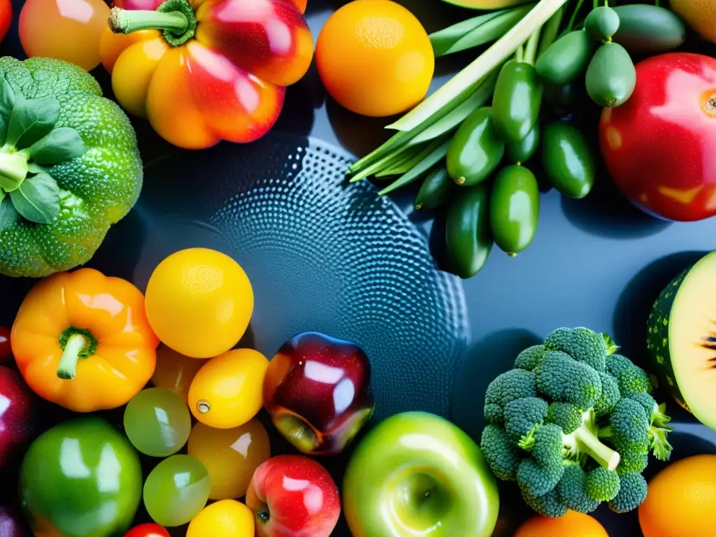 Una exquisita exhibición de frutas y vegetales coloridos en un moderno mostrador de cocina, perfecta para reforzar el sistema inmunológico