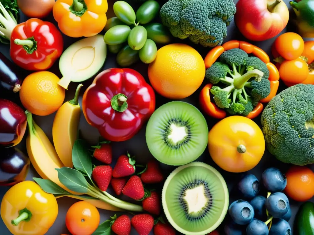 Una exquisita exhibición de frutas y verduras coloridas, destacando su belleza natural y texturas