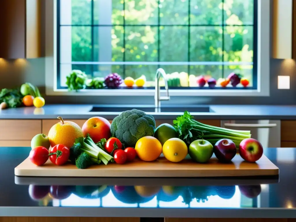 Una exquisita exhibición de frutas y verduras frescas, llenas de color y vitalidad, iluminadas por la luz natural