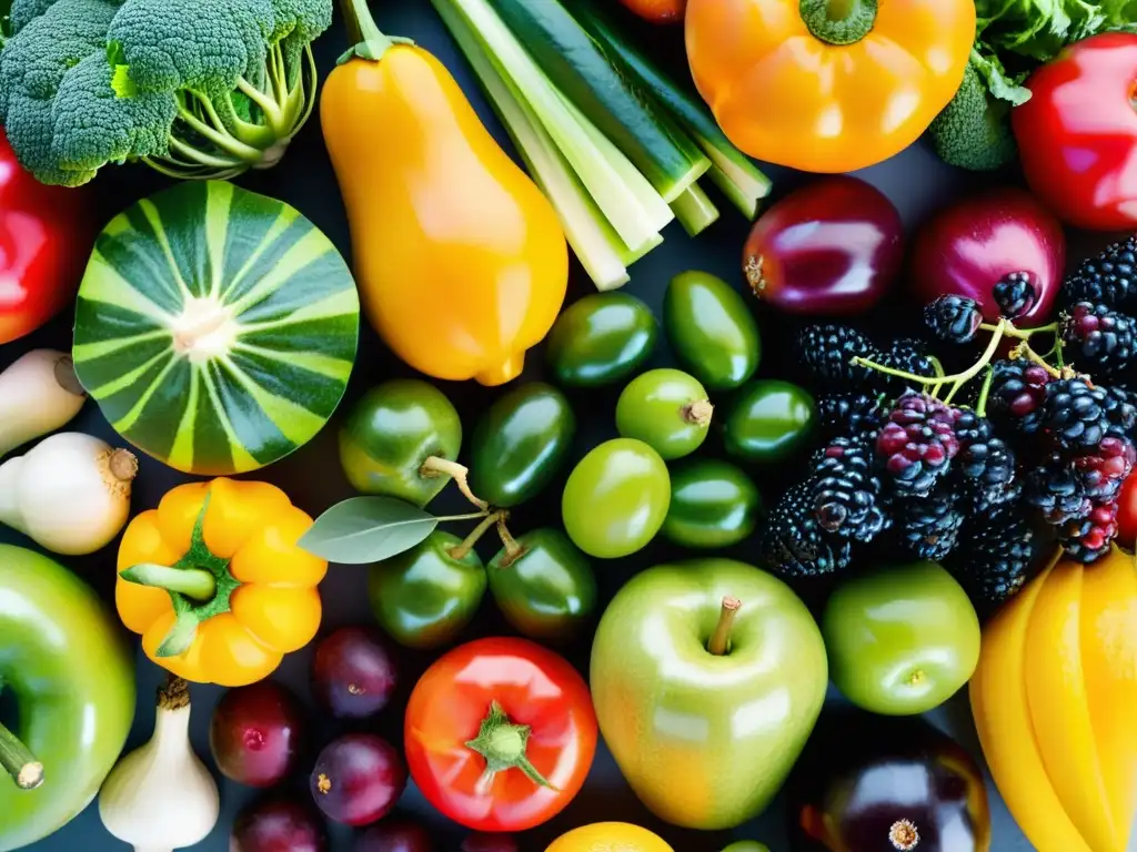 Una exquisita exhibición de frutas y verduras frescas y coloridas que evocan vitalidad y salud