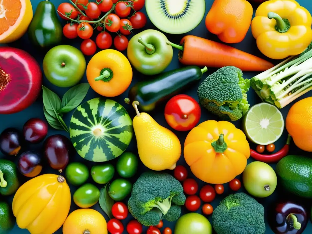 Una exquisita exhibición de frutas y verduras coloridas resalta los beneficios prebióticos para el sistema inmunológico