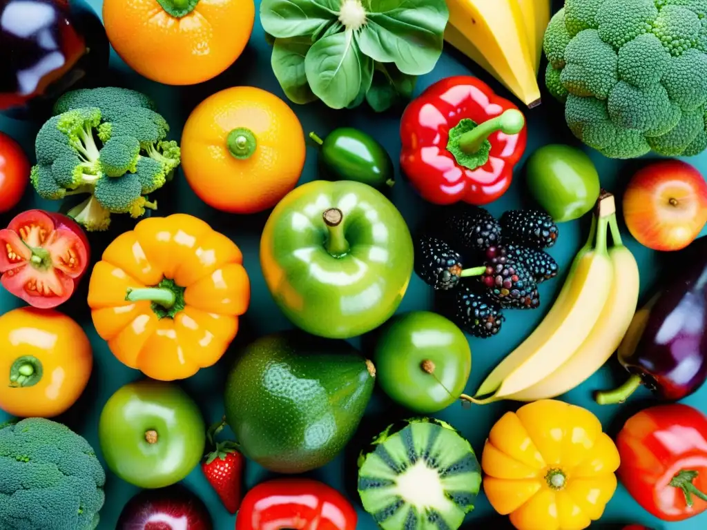 Una exquisita exhibición de frutas y verduras frescas, con colores vibrantes y detalles sorprendentes