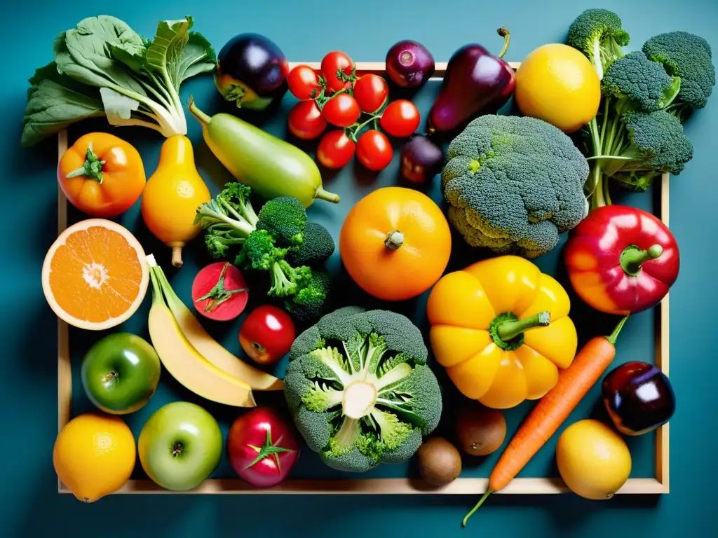 Una exquisita exhibición de frutas y verduras vibrantes y detalladas, con una presentación artística y moderna que evoca vitalidad y salud