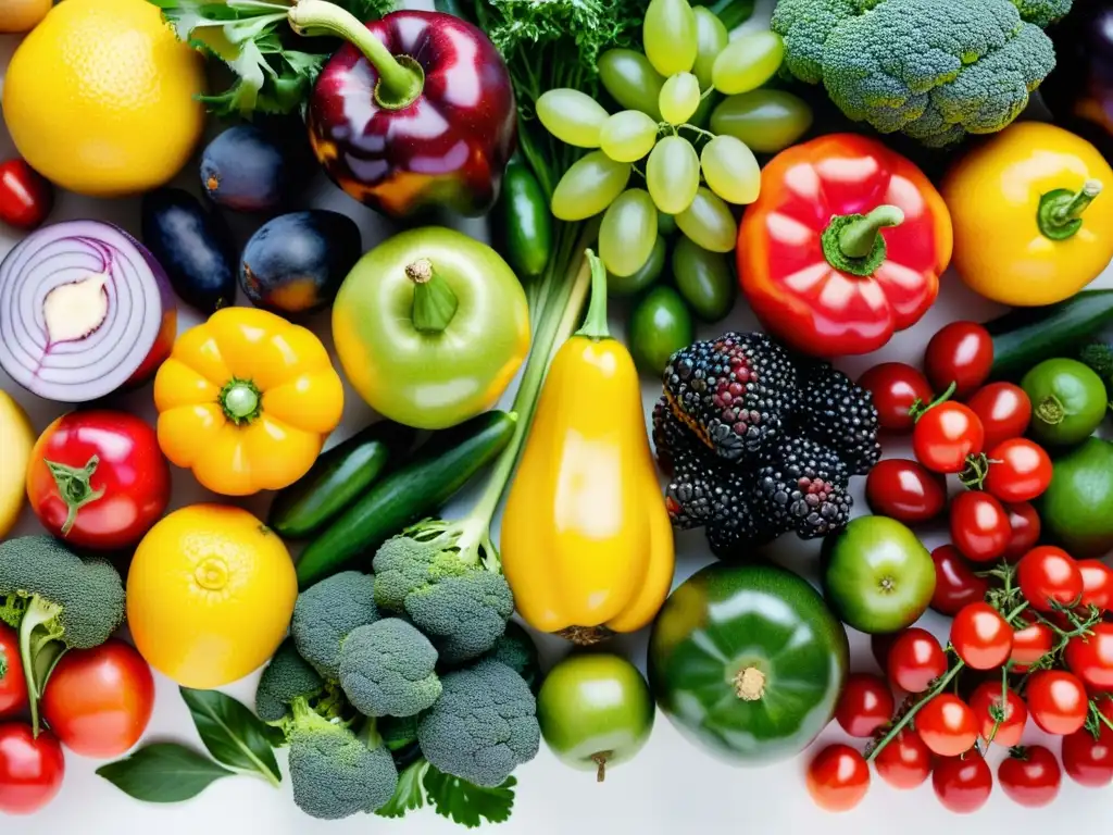 Una exquisita exhibición de frutas y verduras frescas, vibrantes y saludables, destacando sus beneficios para el sistema inmunológico