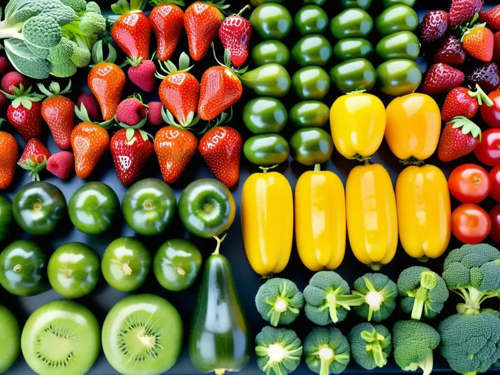 Una exquisita exhibición de frutas y verduras frescas, perfectamente maduras y coloridas