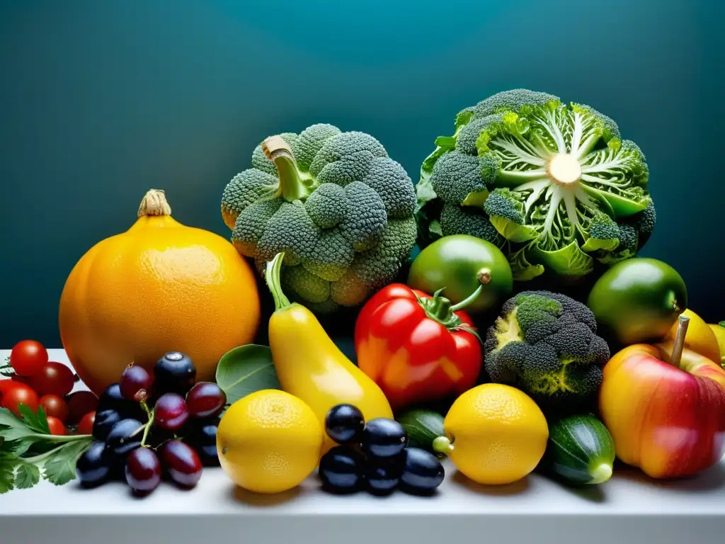 Una exquisita exhibición de frutas y verduras frescas, capturando su textura, color y frescura