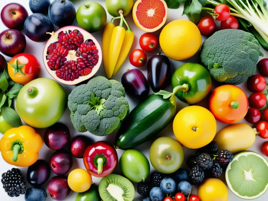 Una exquisita exhibición de frutas y verduras frescas en vibrantes colores, perfectamente dispuestas