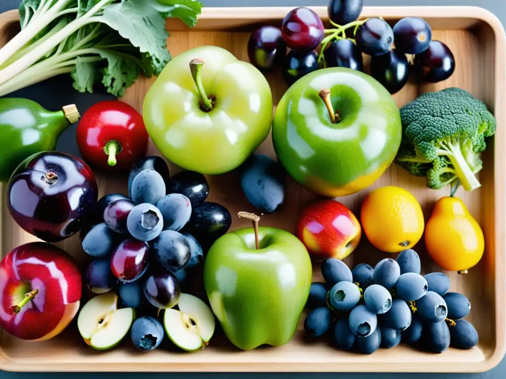 Una exquisita exhibición de frutas y verduras frescas en una tabla de cortar de madera, resaltando su belleza natural y variedad