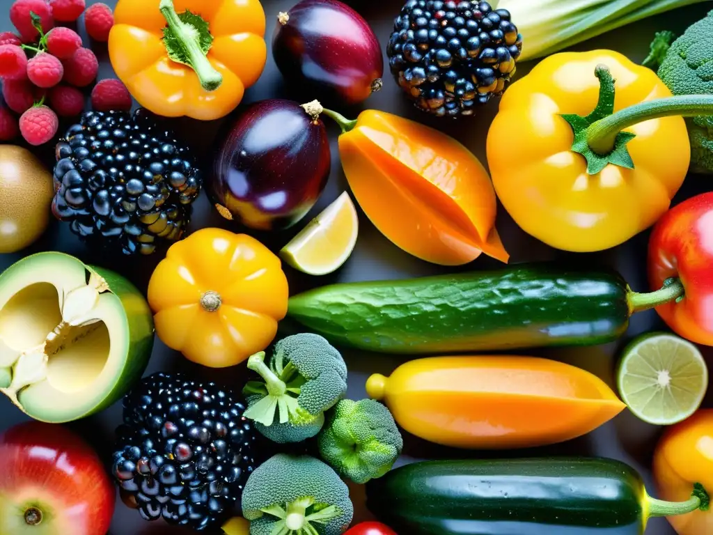 Una exquisita exhibición de frutas y verduras frescas, perfectamente maduras y brillantes, en contraste con un fondo minimalista