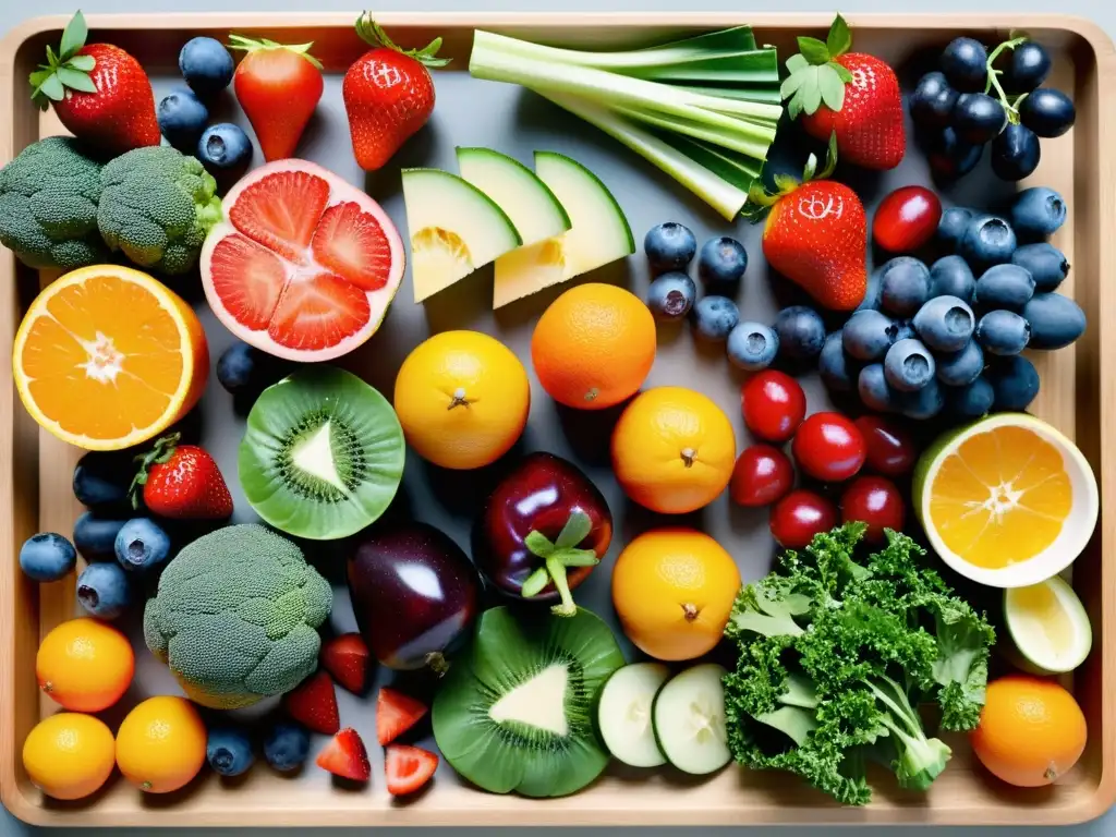 Una exquisita exhibición de frutas y verduras frescas en una tabla de cortar de madera, con beneficios de probióticos para sistema inmunológico