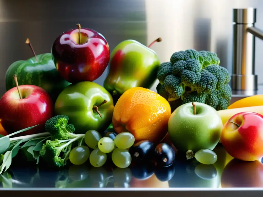 Una exquisita exhibición de frutas y verduras frescas, resplandeciendo en una cocina moderna