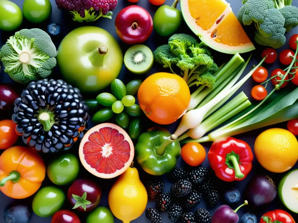 Una exquisita exhibición de frutas y verduras coloridas, resaltando su frescura y calidad