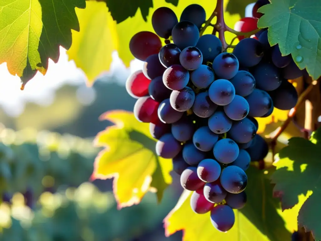 Una exquisita imagen de uvas moradas maduras en la vid, bañadas por la cálida luz del sol, con gotas de rocío resplandeciendo en la piel