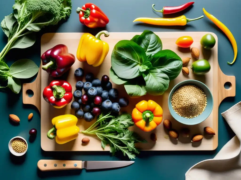 Una exquisita presentación de alimentos clave para la dieta vegana que estimulan el sistema inmune y evocan vitalidad y salud