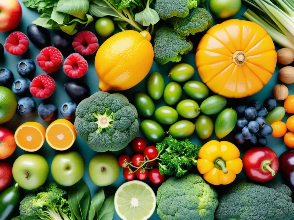 Una exquisita presentación de frutas y verduras, colores vibrantes y frescura