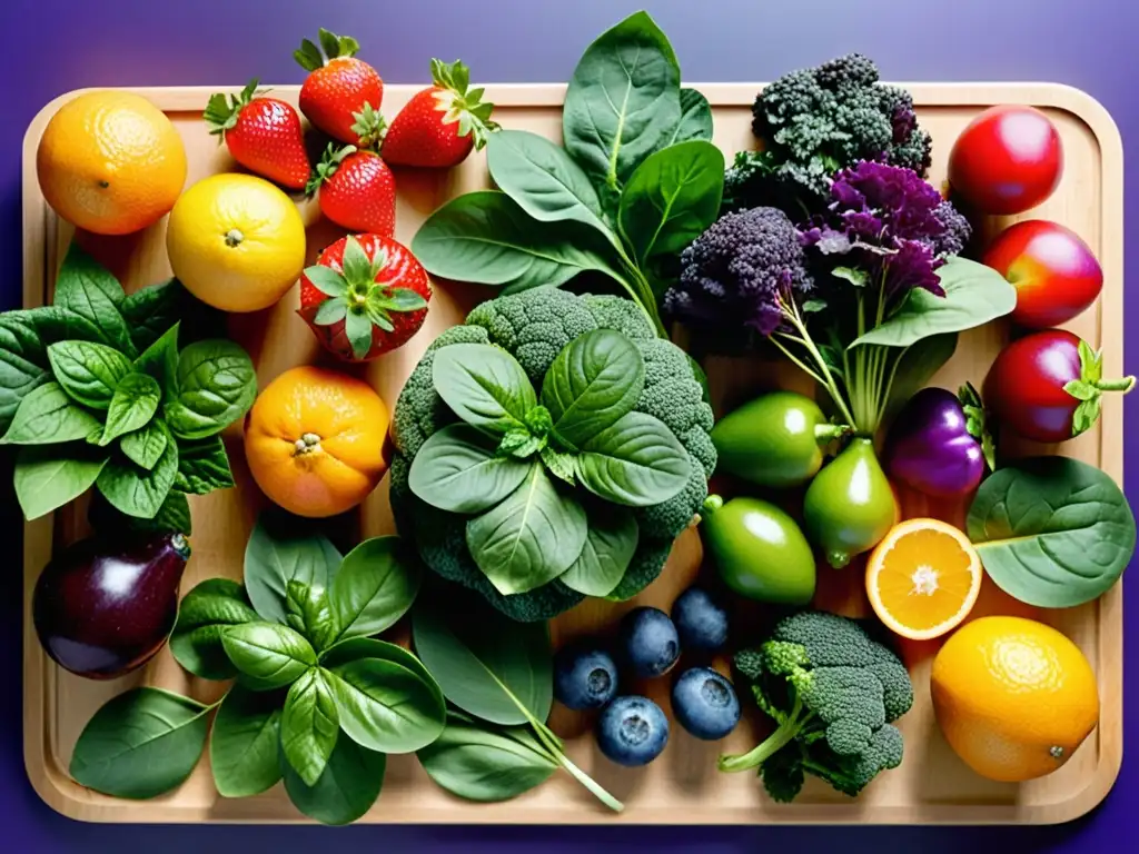 Una exquisita selección de frutas, verduras y hierbas frescas sobre tabla de cortar