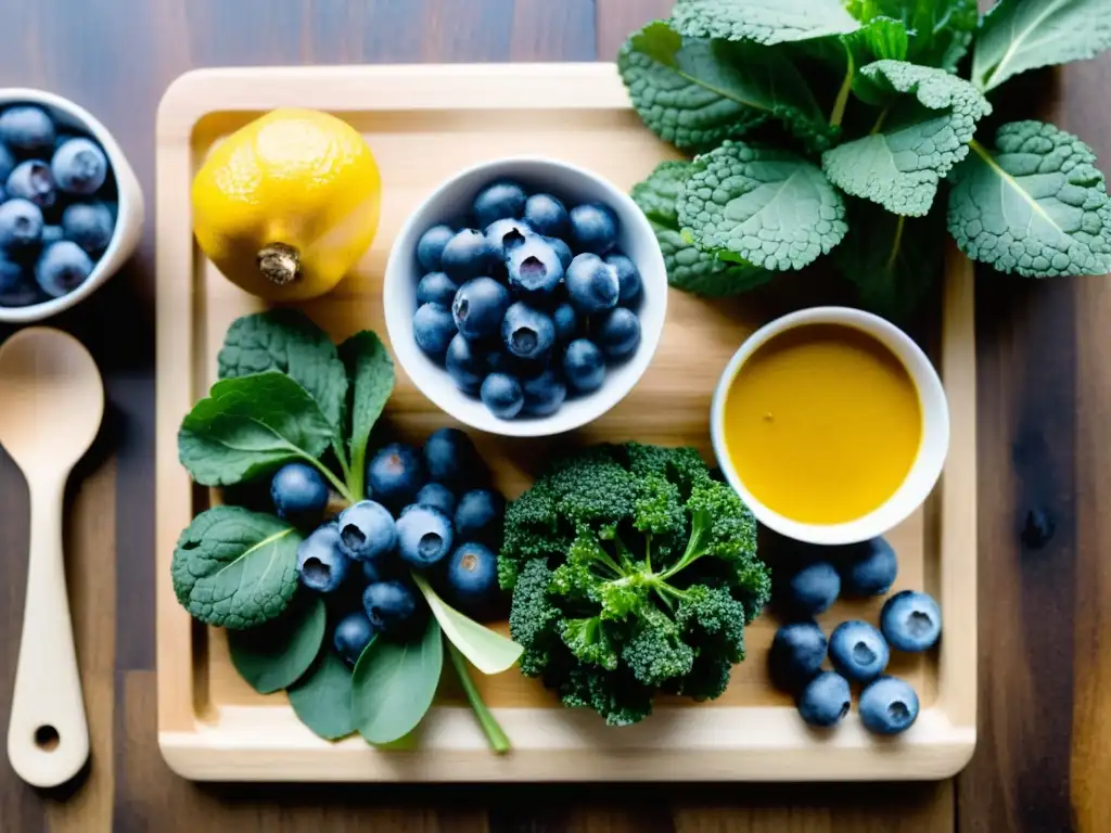 Una exquisita selección de superalimentos para sistema inmunológico fuerte, frescos y coloridos sobre tabla de madera