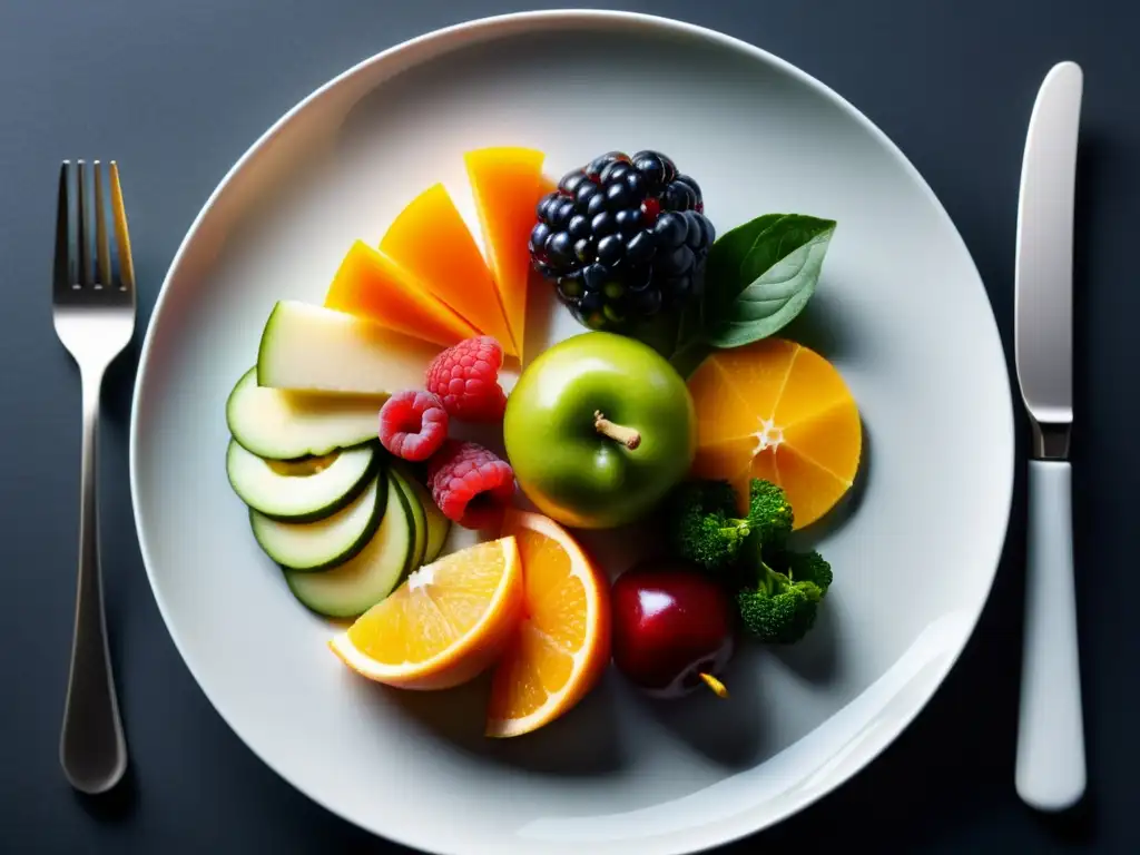 Una exquisita variedad de alimentos ricos en prebióticos para perder peso, dispuestos en un elegante plato blanco sobre un fondo oscuro