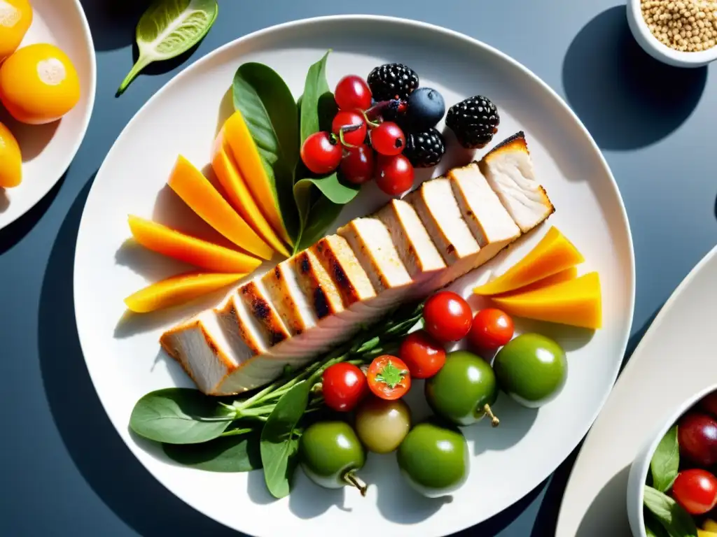 Una exquisita variedad de alimentos vibrantes y nutrientes en un elegante plato blanco